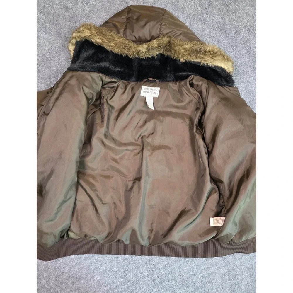Ralph Lauren Polo Jeans Puffer Jacket Womens L Brown Down Faux Fur Hood Bomber‎